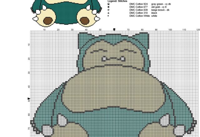 snorlax_pokemon_first_generation_143_free_cross_stitch_pattern_119_x_96_stitches_5_colors_dmc