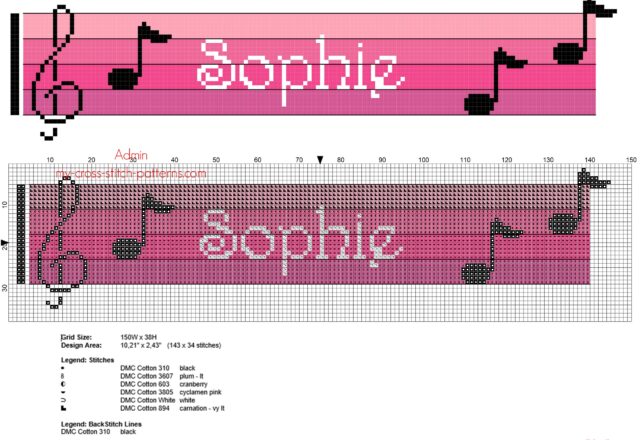 sophie_cross_stitch_baby_female_names_with_pink_musical_notes