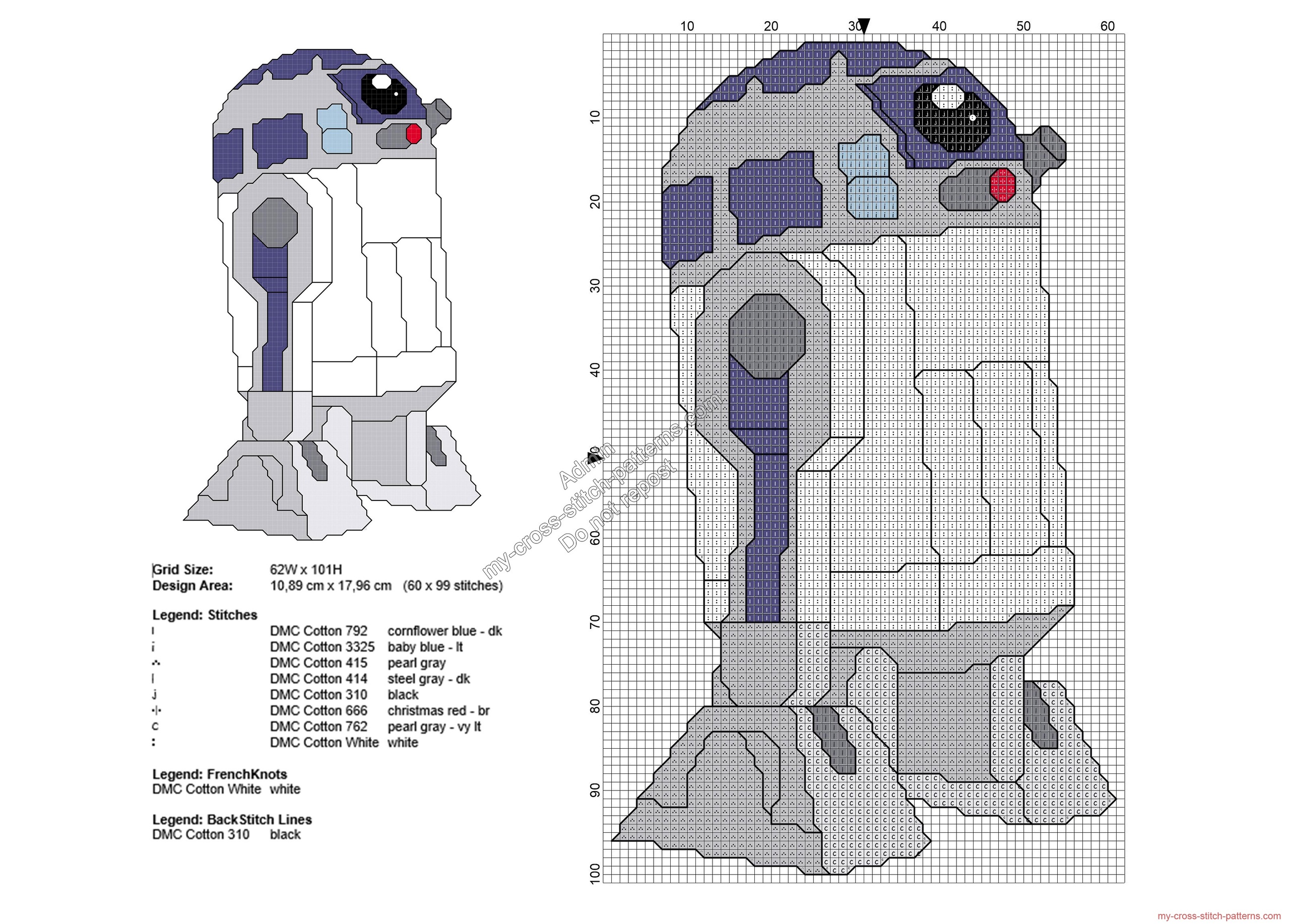 Star Wars R2 D2 Free Cross Stitch Pattern 60x99 Free Cross Stitch 