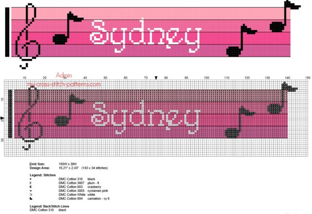 sydney_cross_stitch_baby_female_names_with_pink_musical_notes