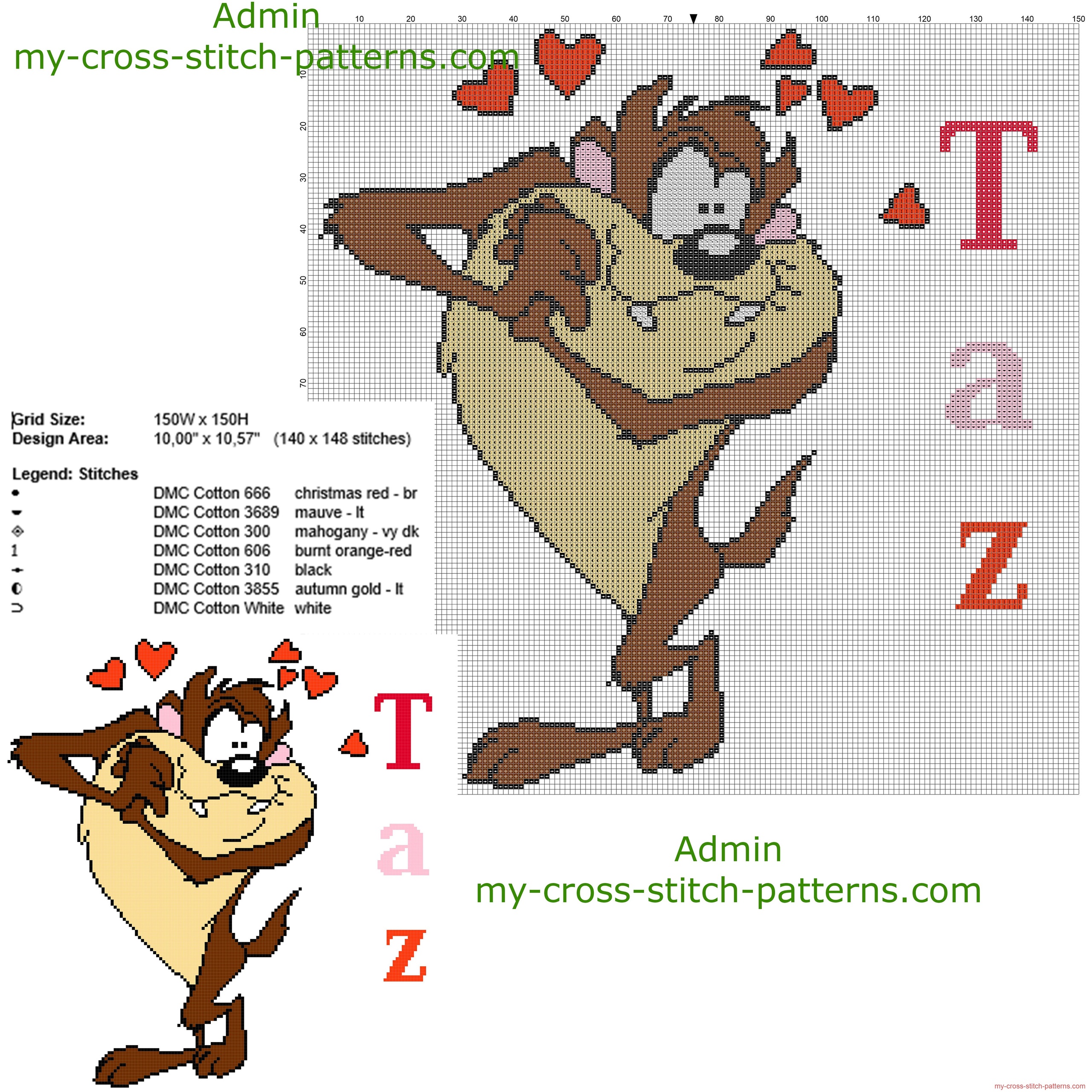 Tasmanian Devil Taz Looney Tunes cartoon character free cross stitch pattern  big size about 150 x 15 - free cross stitch patterns simple unique  alphabets baby