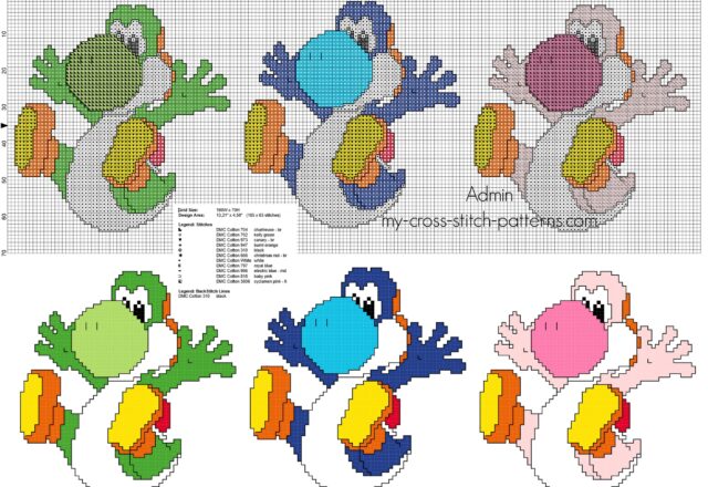 three_colored_super_mario_yoshi_dinosaurs_cross_stitch_pattern