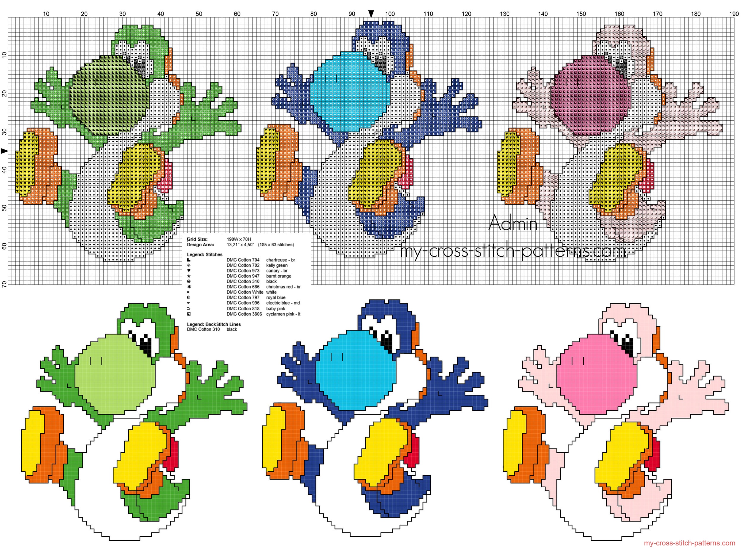 three_colored_super_mario_yoshi_dinosaurs_cross_stitch_pattern