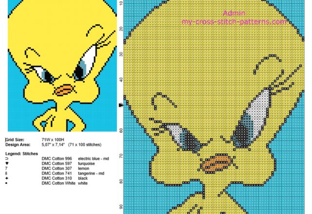 tweety_bird_looney_tunes_character_in_a_yellow_background_tile_free_cross_stitch_pattern_design