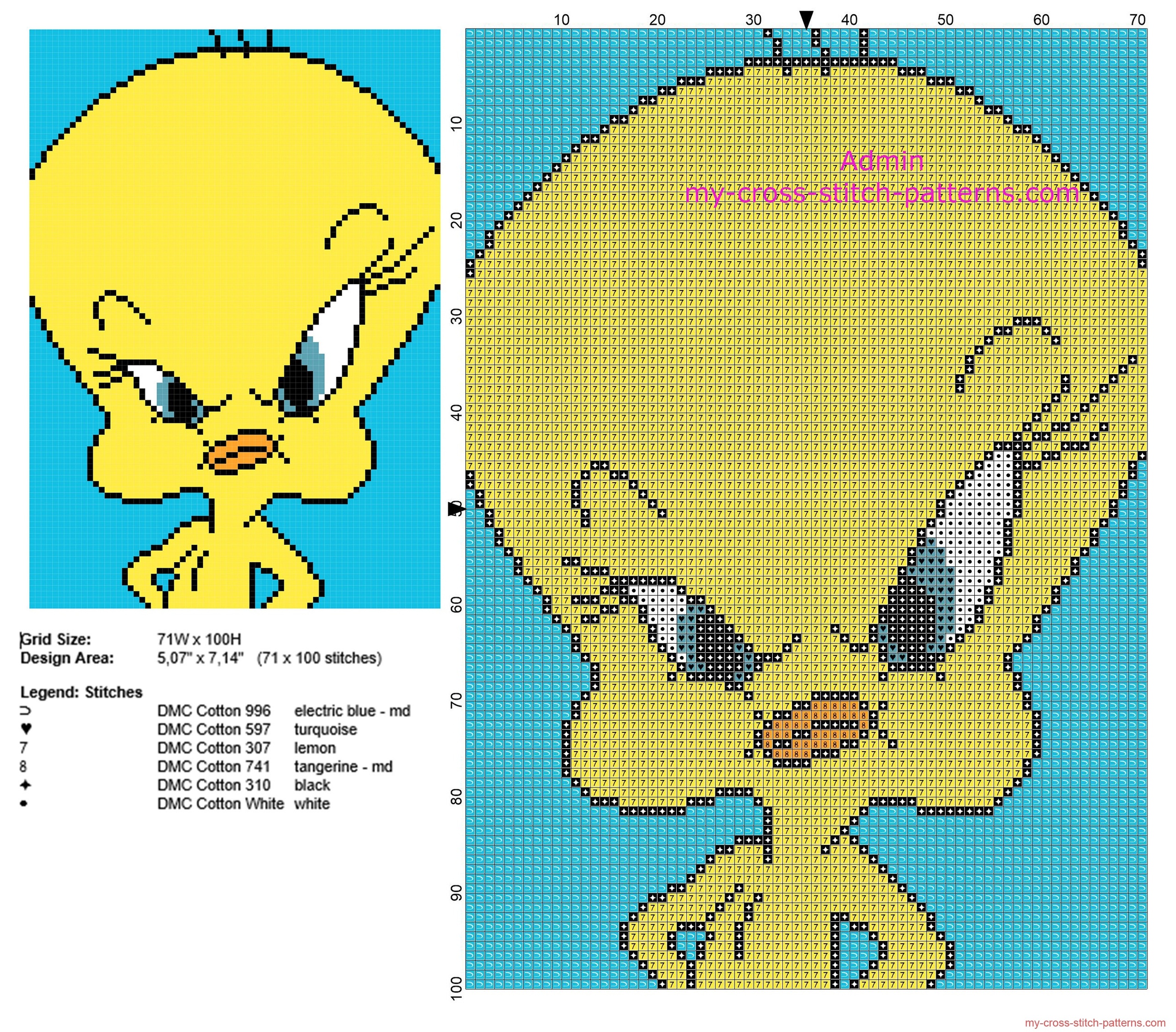 tweety_bird_looney_tunes_character_in_a_yellow_background_tile_free_cross_stitch_pattern_design