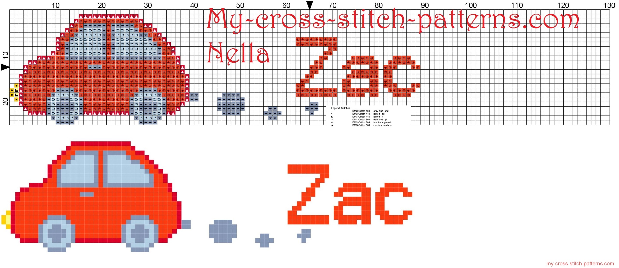 Zac name with toy car cross stitch patterns - free cross stitch